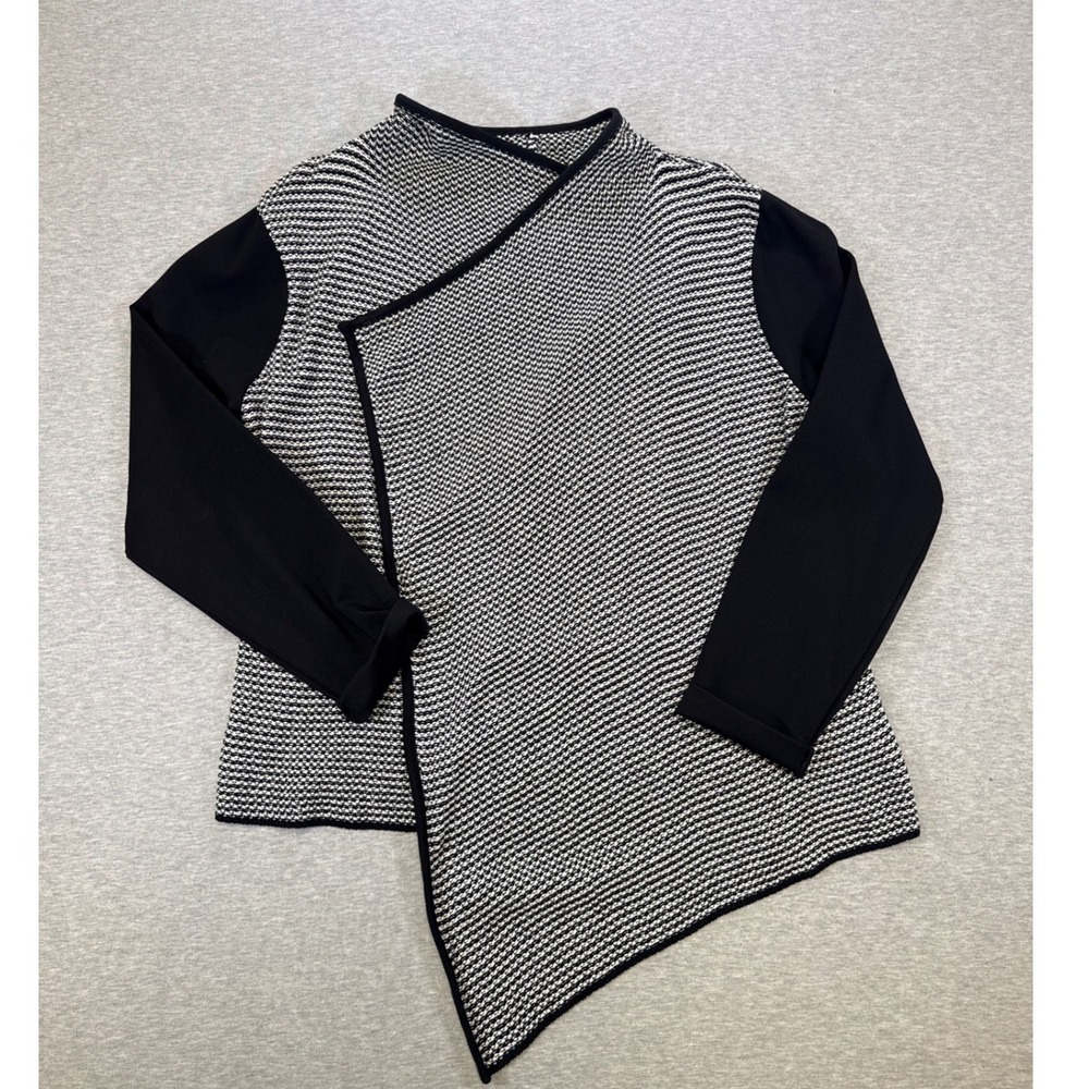 Roz & Ali Black White Textured Asymmetric Open Front Cardigan Sweater Womens XL